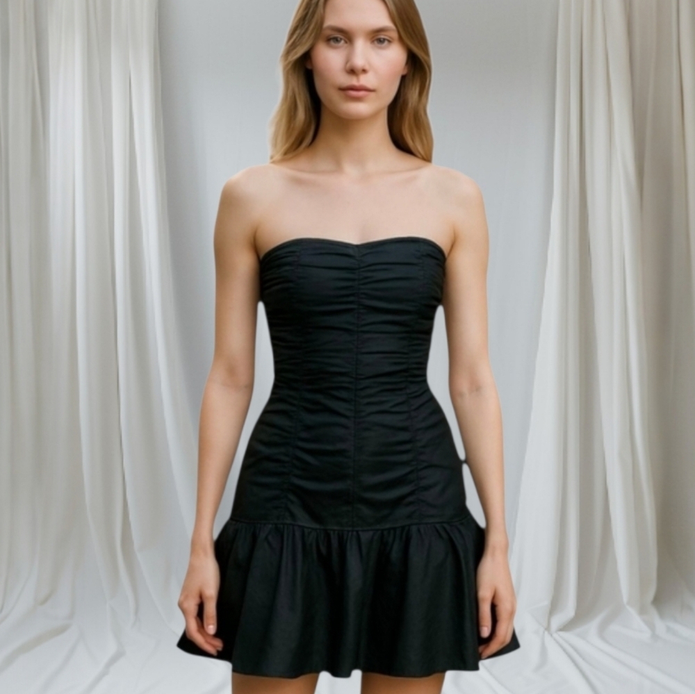 Vtg Y2K Gunne Sax Black Strapless Ruched Bodycon With Ruffle Party Dress Sz XS